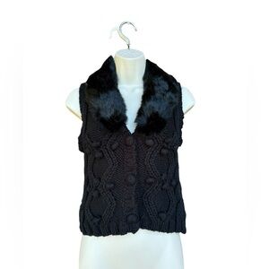 Womens Black Cable Knit Sweater Vest With Real Rabbit Fur Removable Collar Small